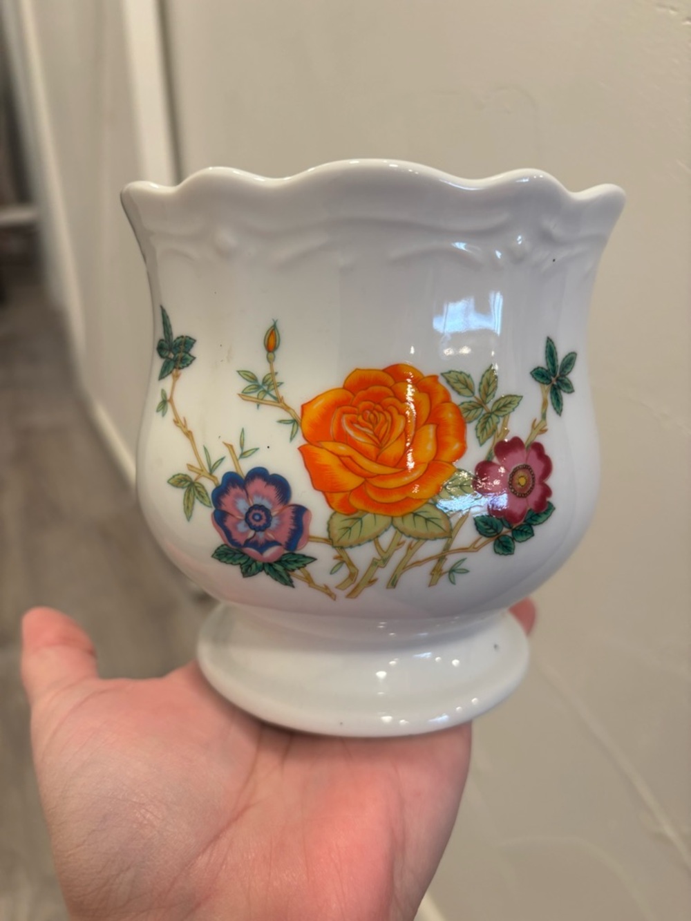 Vintage White Ceramic Floral Vase with Orange Rose Accent